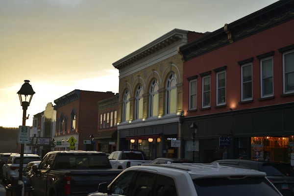 Historic Main Street storefronts in the evening light